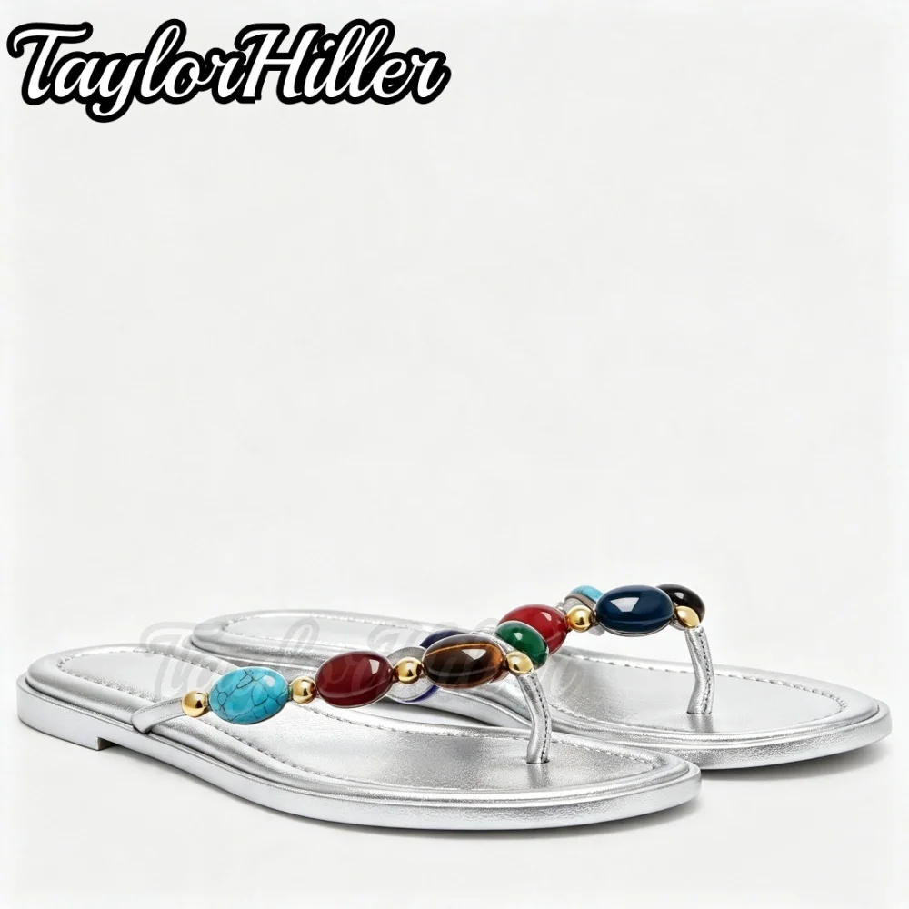 Flip Hop Colorful Gemstone Slippers for Women Clip Toe Outer Vacation Slides Luxury Solid Silver Burgundy Flat Heel Sandals New