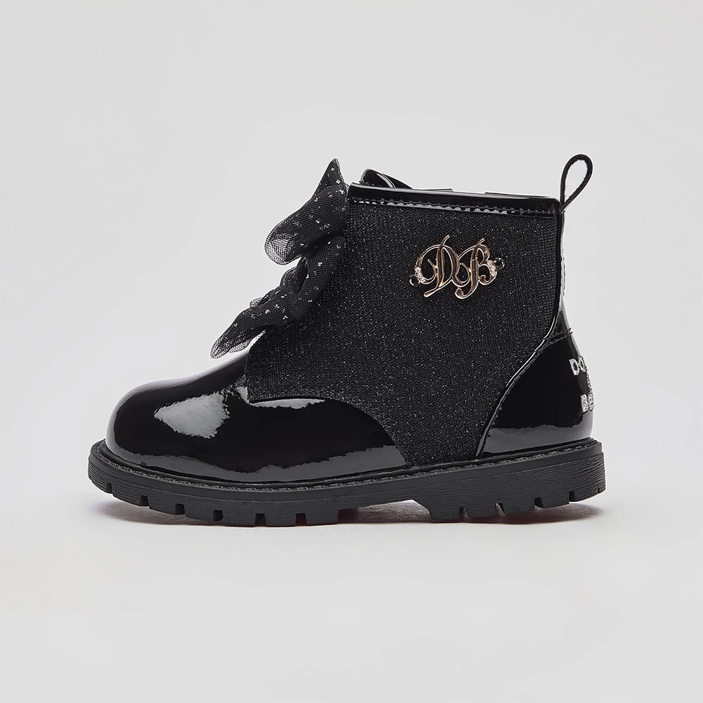 Dave Bella Girls' Leather Shoes Black Winter Children's Princess Shoes Elegant Soft Sole Anti Slip Velvet Warm Boots DB4254362