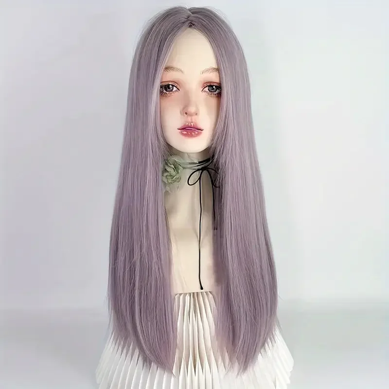 Women's Heat Resistant Long Straight Lolita Wig With Bang Synthetic Purple Material for Cosplay Party Daily Wear