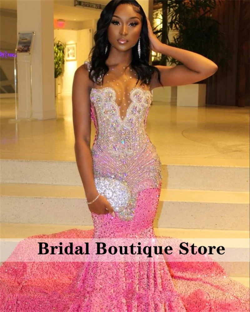 Sparkly Pink Long Prom Dress 2024 For Black Girls Beads Rhinestones Sequins Gown Evening Gowns Birthday Party Robe Customized