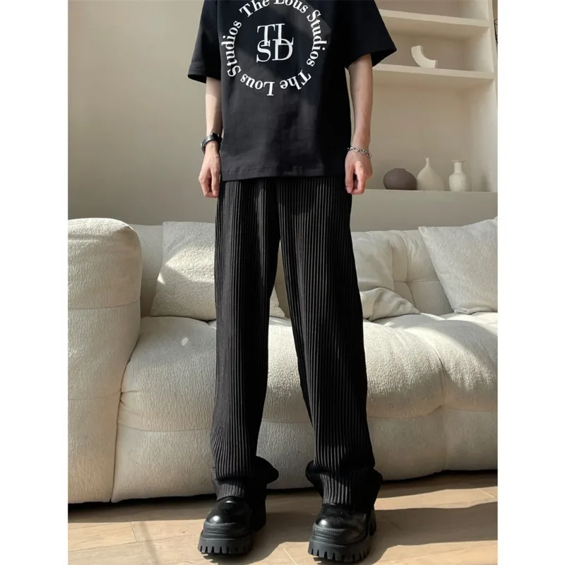 Summer Pleated Pants Men Fashion Oversized Ice Silk Pants Men Japanese Streetwear Loose Straight Pants Mens Casual Trousers images - 6