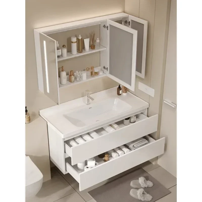 Modern Simple Solid Wood Cream Wind Ceramic Integrated Basin Bathroom Cabinet Hand Washbasin CombinationHot Sales