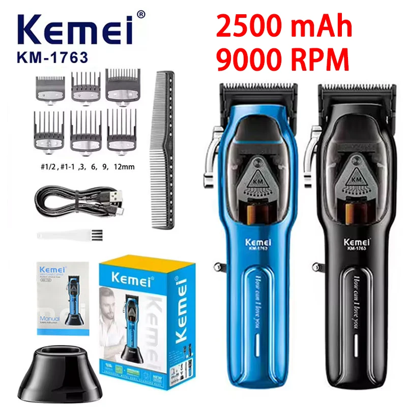 Kemei KM-1763 2500mAh Profession Electric Hair Clipper Rechargeable 9000RPM Trimmers Barber Cordless Cutting Machine for Men