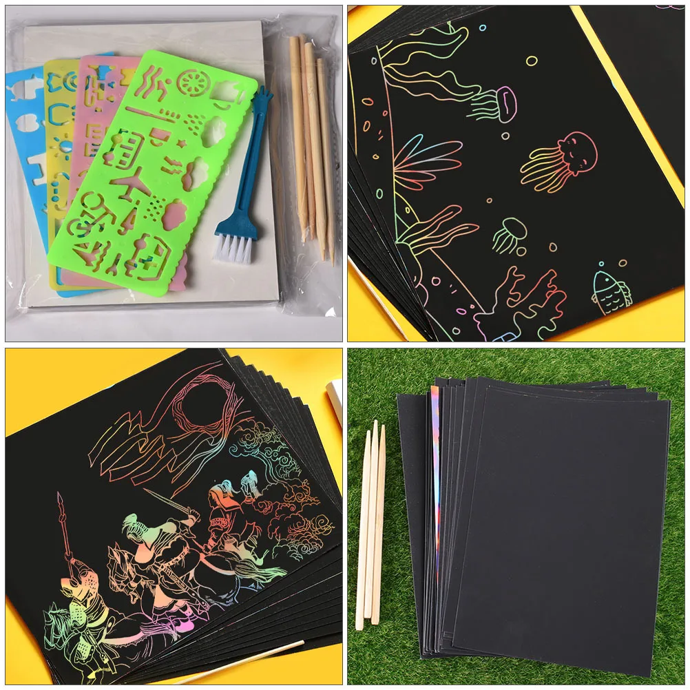 

1Set Scratch Paper Art Sheets Black Thick Paper Scratch Off Cards for Kids Drawing Craft Set Creative Fun Set for Kids