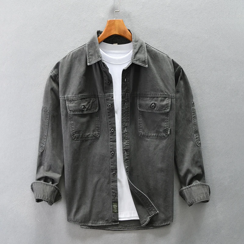 2026 Spring and Autumn New Men's Cargo Casual Solid Color Cotton Shirts Loose Retro Multi-pocket Comfortable Tops