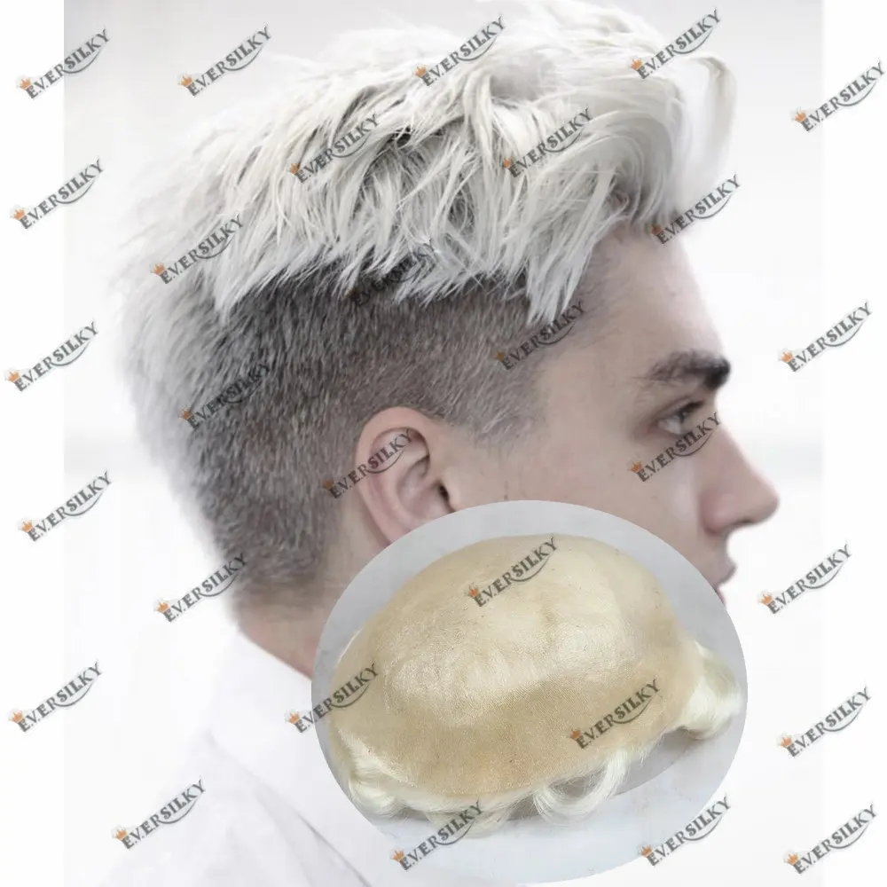 60R# White Men's Toupee Human Hair Natural Hairline Vloop0.06-0.08mm Skin Base Male Hair Capillary Prosthesis Replacement System