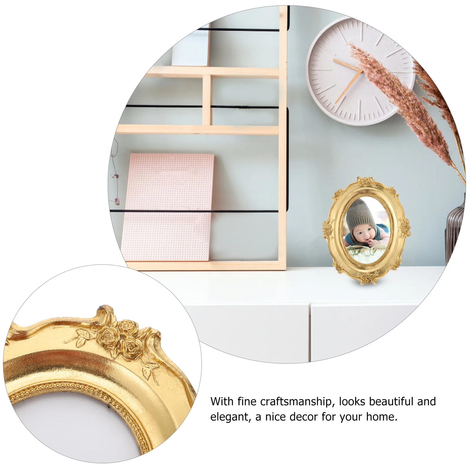 

1pcs Retro Gold Resin Oval Photo Frame Vintage Tabletop Picture Holder For Home Decor Desktop Ornament Wall Display