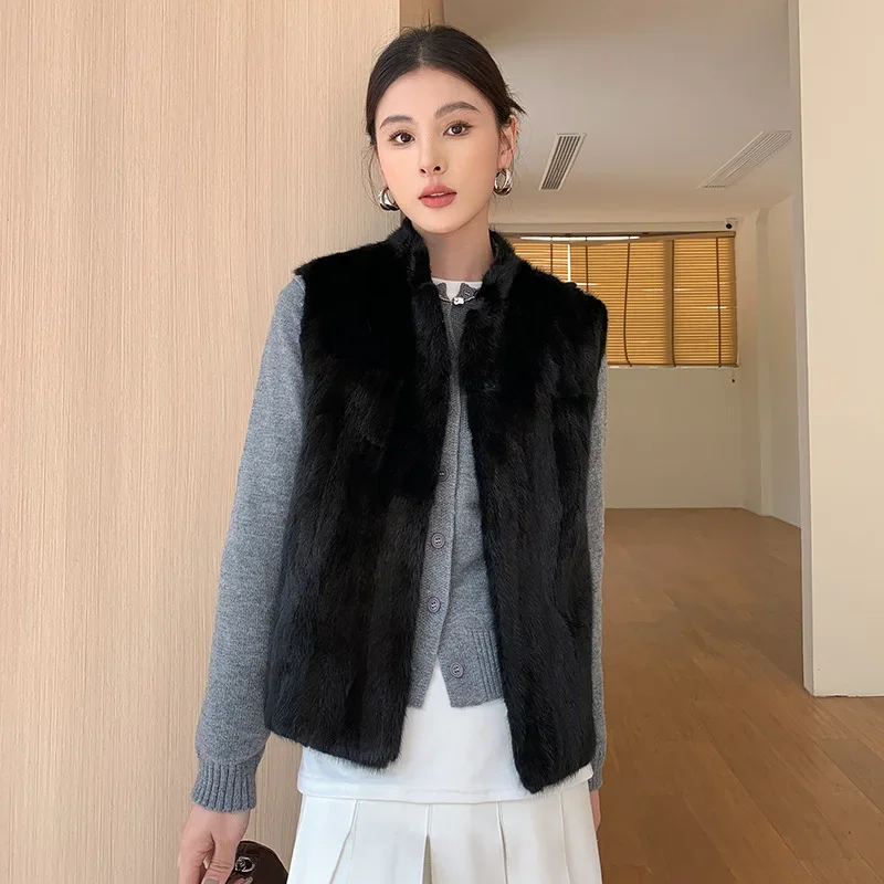 2025 femmes Double face à la mode hiver vison fourrure gilet automne hiver confortable Style décontracté sans manches col montant veste