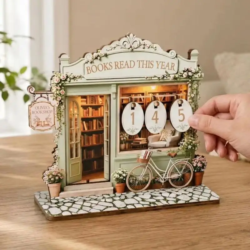 2D Flat Wooden Reading Tracker Vintage Flip Tile Book Calendar Counter for Book Lovers Home Shelf Decor