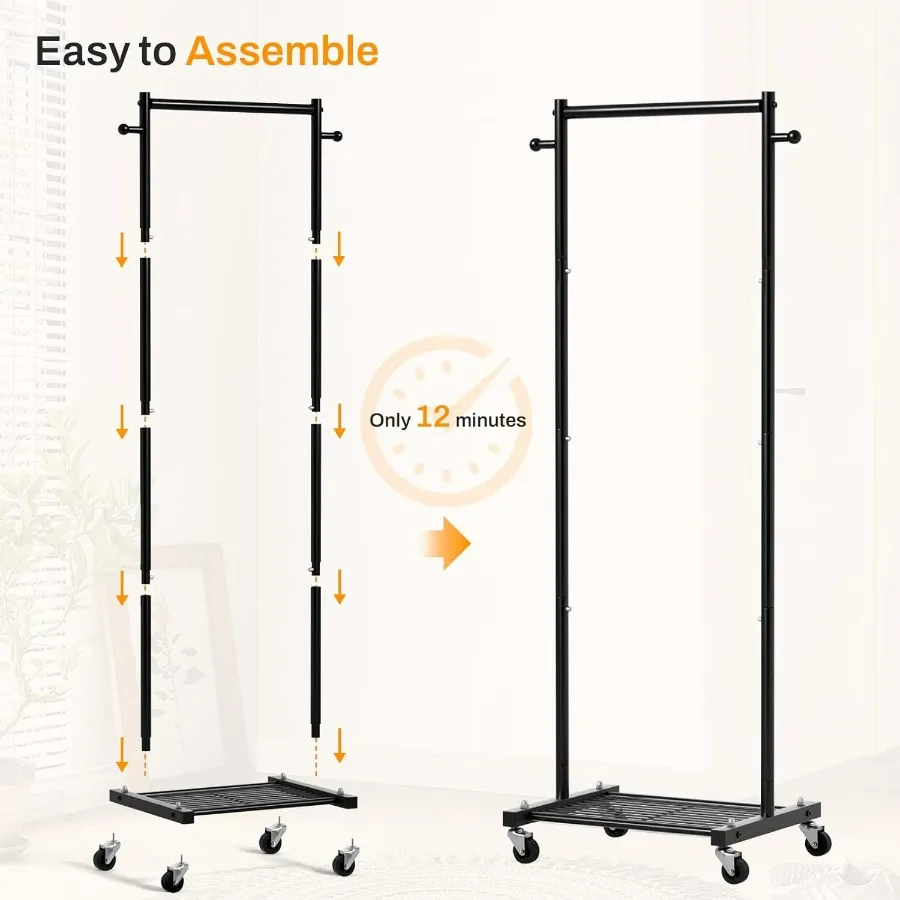 Portable Rolling Garment Rack with Wheels for Small Spaces: 60 Metal Clothing Rack with Shelves Ideal for Hanging Clothes Compa