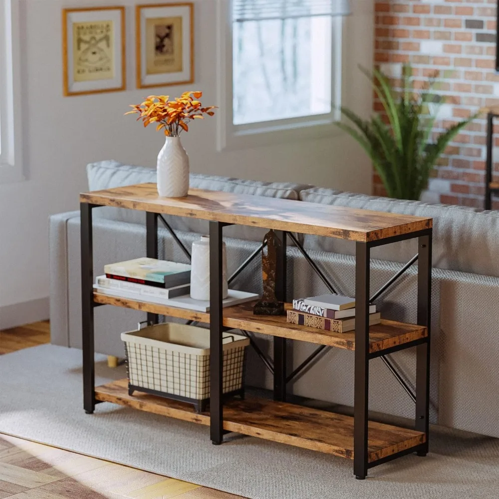 Mesa de consola de entrada rústica, mesa de pasillo largo, soporte de TV de 3 niveles, soporte de medios de centro de entretenimiento para sala de estar, 47 pulgadas