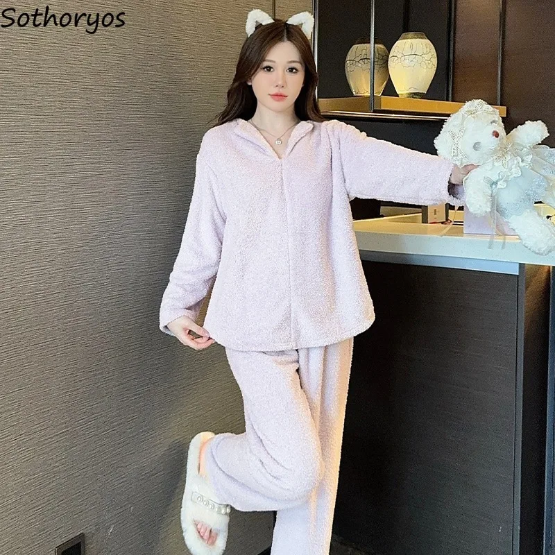 Pajama Sets Women Zipper Ins Temperament Slouchy Coral Fleece Homewear Long Sleeve Autumn Winter Loungewear Harajuku Gentle Cozy