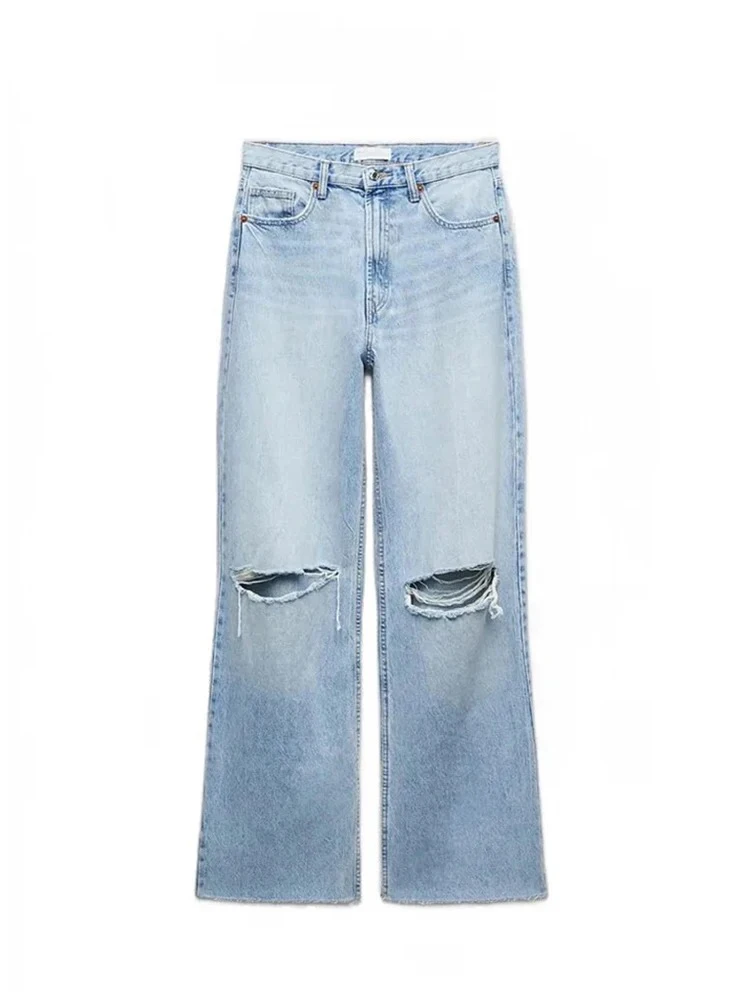 

Women's Fashion Hole Decoration Jeans Blue Trousers Metal Zip Straight Leg Casual Streetwear High Waisted Jeans