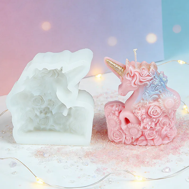 Blumen-Einhorn Silikon-Kerzenform DIY Einhorn-Rosen-Sonnenblumen-Schnitzerei Geeignet für Handgemachte Seife Künstler Duftkerzen für Zuhause