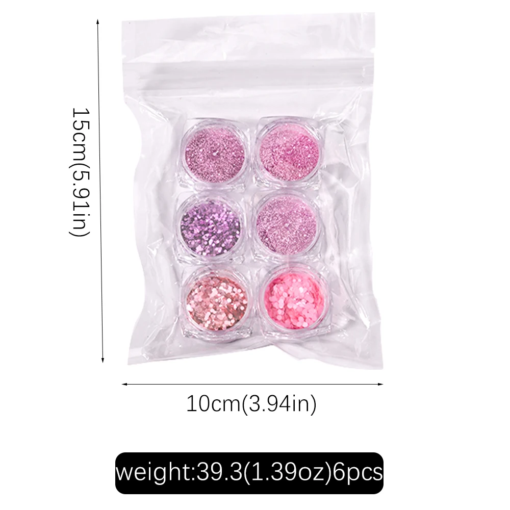 6 Pz/set Rosa e Viola Mix Glitter Per Unghie Polvere/Paillettes Scintillanti Esagono Fiocchi per Il Trucco Del Partito Ombretto Corpo Manicure Decorazioni