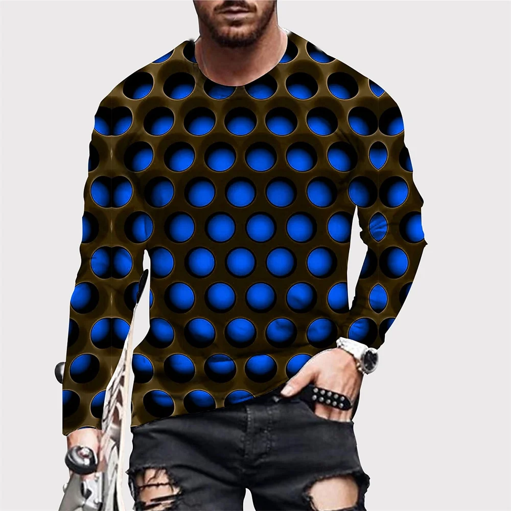 Funny 3D Optics Polka Dot Print Men's Long Sleeve T-shirts Casual O-neck Loose Pullover Hip Hop Trend Streetwear Autumn Clothing