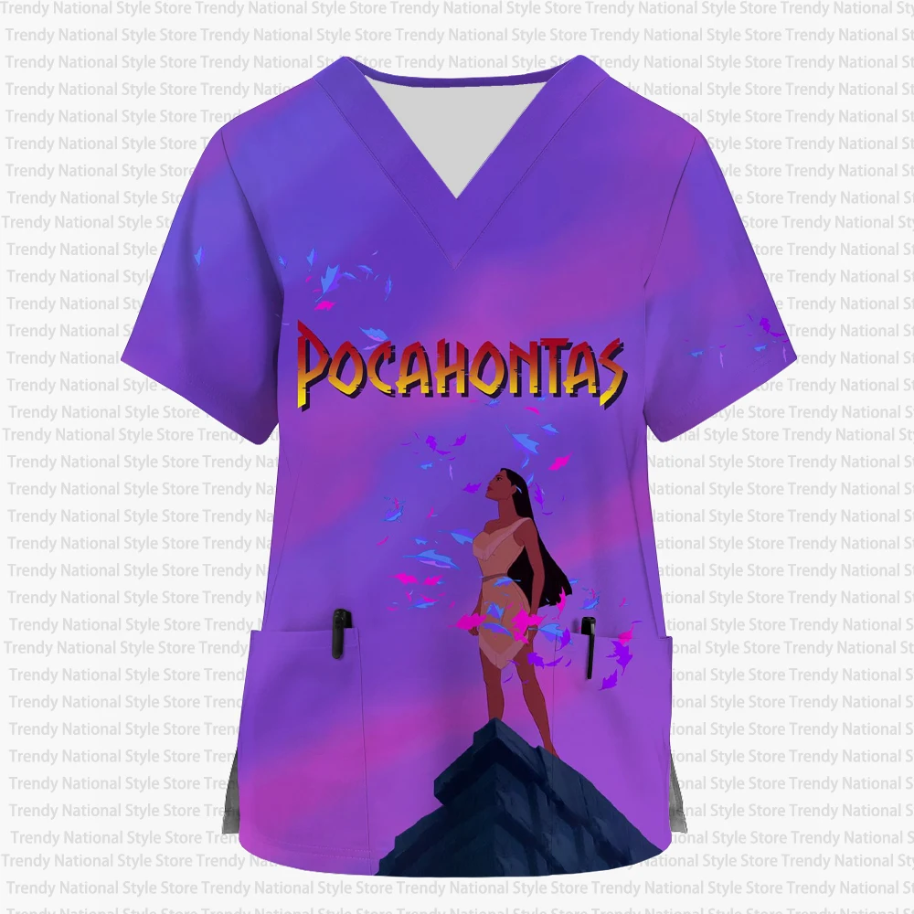 Neues Sommer-Damen-Krankenschwesteruniform mit Aufdruck, Disney Pocahontas Princess Care, mattiertes Oberteil für Haustiergeschäfte und Haustiergeschäfte – Arbeits-T-Shirt