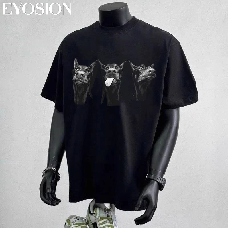

New Men's T-Shirt Summer Vintage Washed Short Sleeve Tee High Street Loose Fit Unisex Dog Print 280g Cotton Short Sleeve