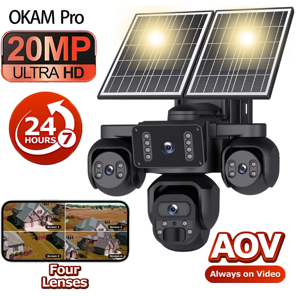 Cámara Solar OKAM PRO con Batería de 20100 mAh, Cuatro Lentes HD de 20MP, Cámara 4G, Grabación en Línea 24/7, Visión Nocturna, Resistente al Agua para Exteriores