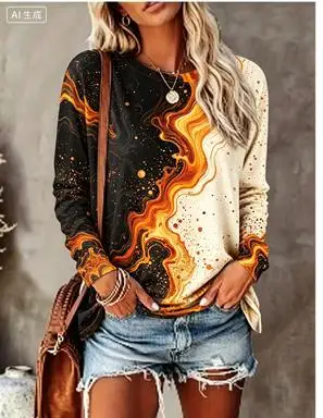 Women Long Sleeve T‑Shirt Teal Black Fluid Marble Swirl Abstract Print Crew Neck Loose Casual Daily Tops
