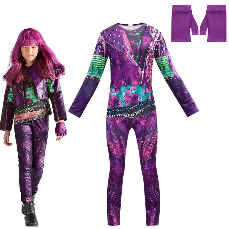 Descendants Mal Fancy Costumes Girls Mal Dress Up Onesies Kids Evie Cosplay Outfits Halloween Evil Role Playing Outfits With Wig