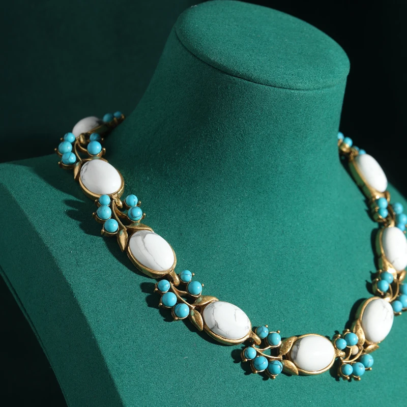 Ancient Egyptian Blue and White Stone Collar Torquse Egg Shaped Antique Jewelry Oval Chokers Necklace Women Vintage Accessories