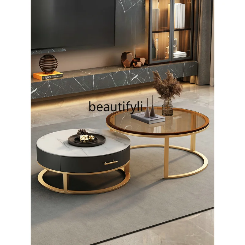 

Stone Plate Coffee Table Light Luxury and Simplicity Home Living Room Small Apartment Marble round Tea Table TV Cabinet Unit