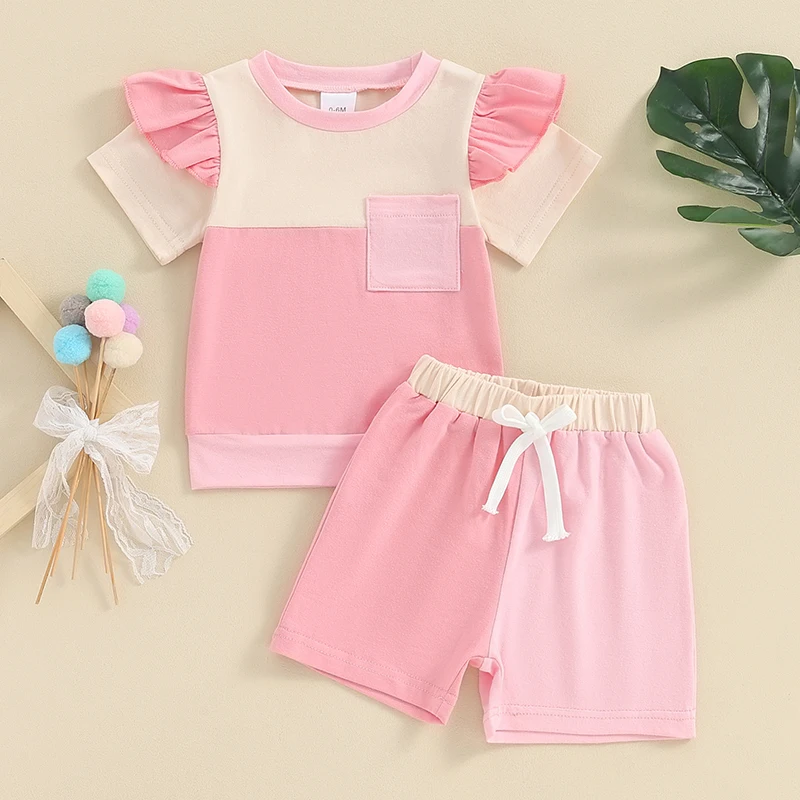 KnniMorning TEES Toddler Girl 2 Piece Set Fly Sleeve Color Block Sweatsuit Girl Newborn Infant Baby Summer Outfit Clothes Set