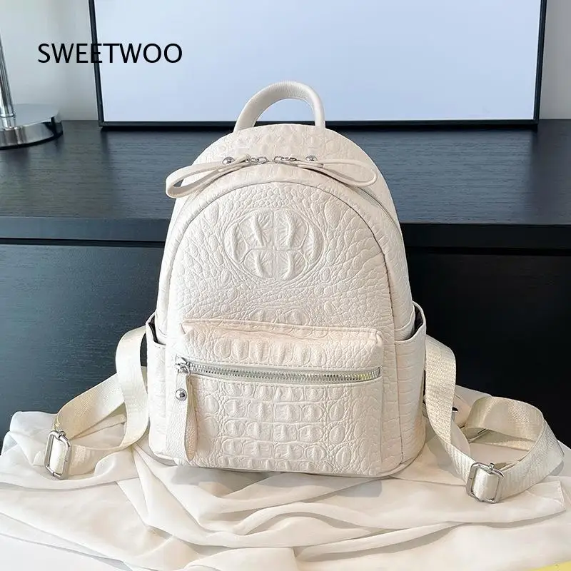 Crocodile Embossed PU Mini Rucksack For Women White Embossed Logo Casual Daily Travel Small Backpack