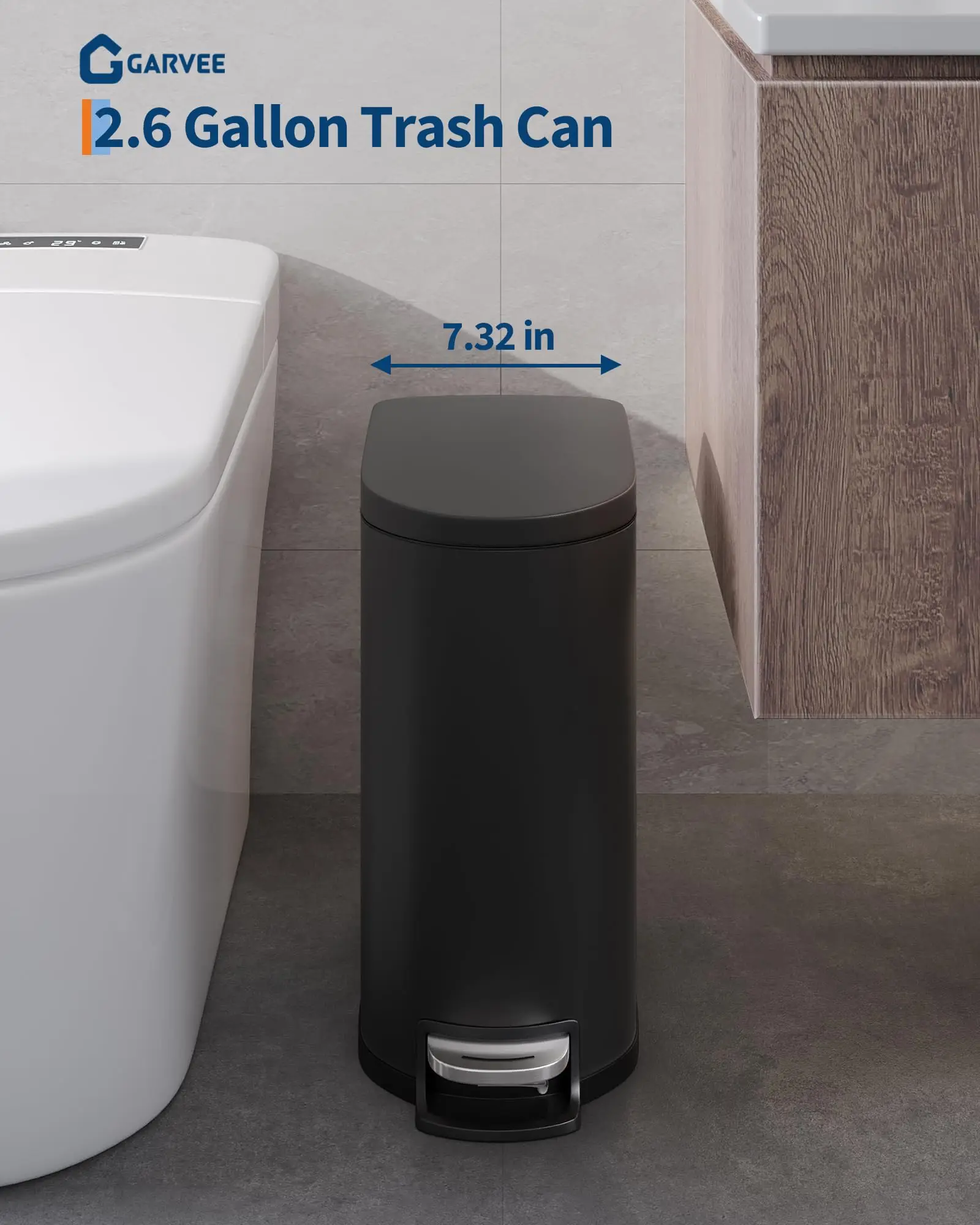 Slim Bathroom Trash Can 2.6 Gal 10 L With Soft Close Lid Stainless Steel Garbage Can With Inner Bucket Rear Handle Step On Metal Trash Bin For Narrow Spaces Bathroom Bedroom