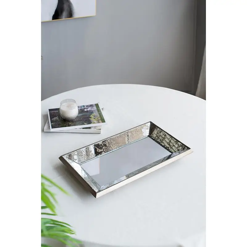 مرآة مستطيلة فضية عتيقة مع لمسات زهرية وصينية عرض، مرآة ديكور معلقة على الحائط، ديكور منزلي أنيق #2