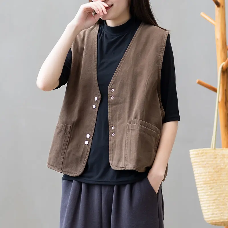 

Women's Cotton Linen Vest with Multiple kets No-Sve Top Button ort Outerwear V-ne Pure Color Commute Sle