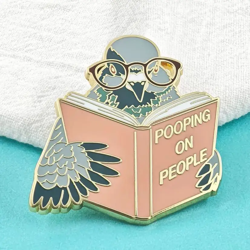 Pooping on People Enamel Pins Funny Reading Pigeon Brooches Cute Bird with Glasses Lapel Badges Clothes Backpack Novelty Jewelry