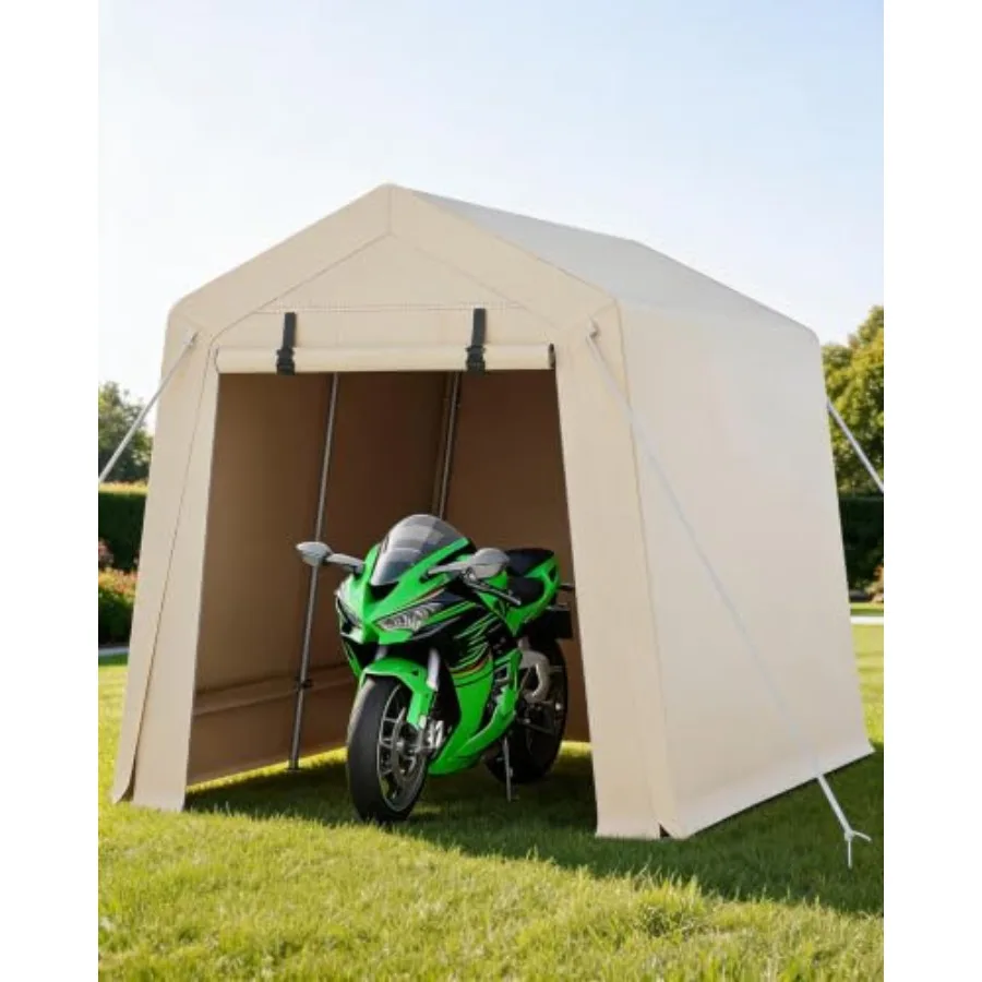 Portable bike shed for outdoor ATV storage, 7 x 10 feet tarp shelter with durable polyethylene material, gray color, waterproof