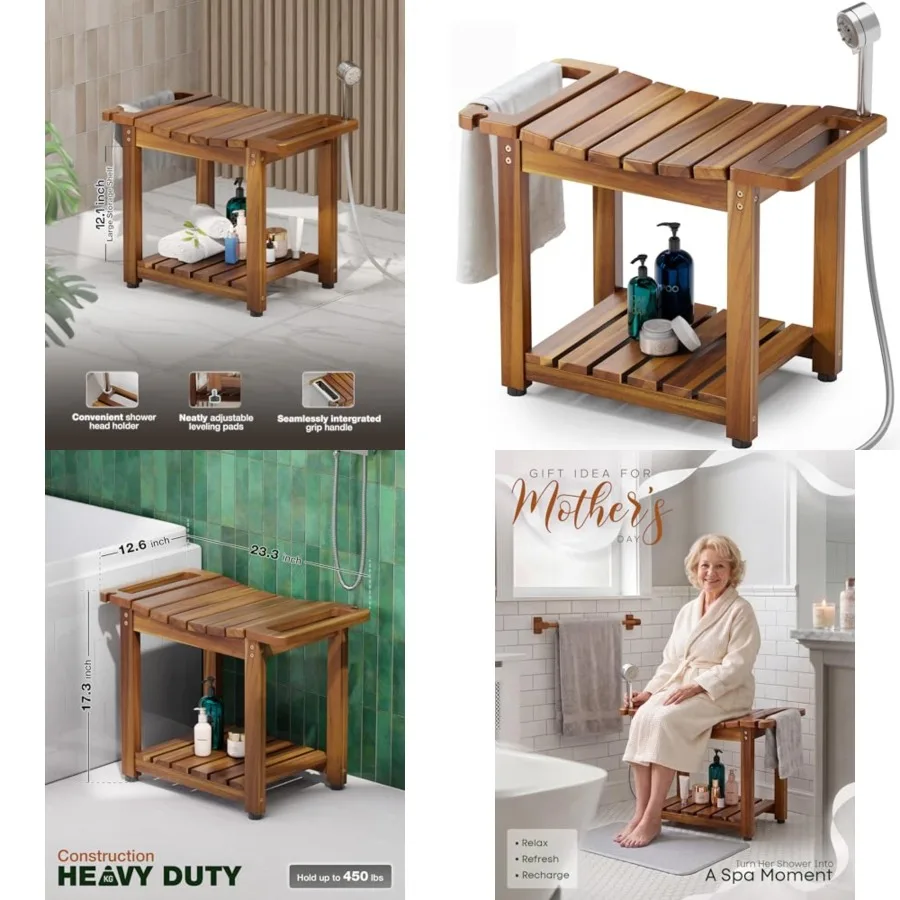 

Shower Bench Seat with Storage Shelf, Natural Wood Shower Benches for Inside Shower to Sit on, Waterproof Bathroom Spa Bench St