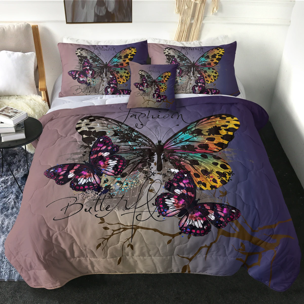 

Colourful Butterfly Design Comforter Set Nice Gift for Birthday and Christmas Modern Bedspread Home Decor