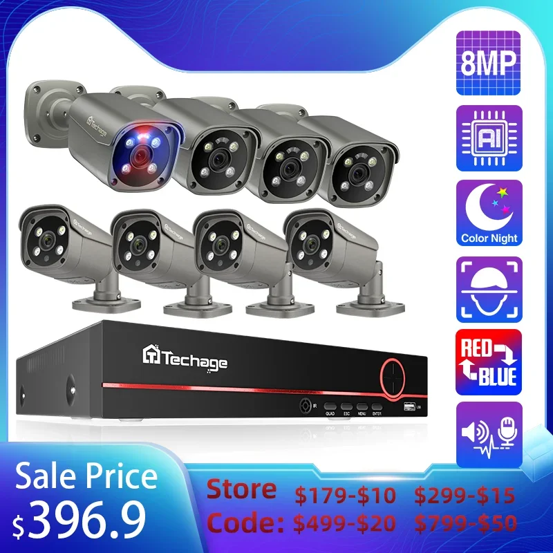 

Techage 8MP 5MP H.265 8CH POE IP-камера Система ночного видения Обнаружение человека POE Камера Открытый комплект видеонаблюдения NVR