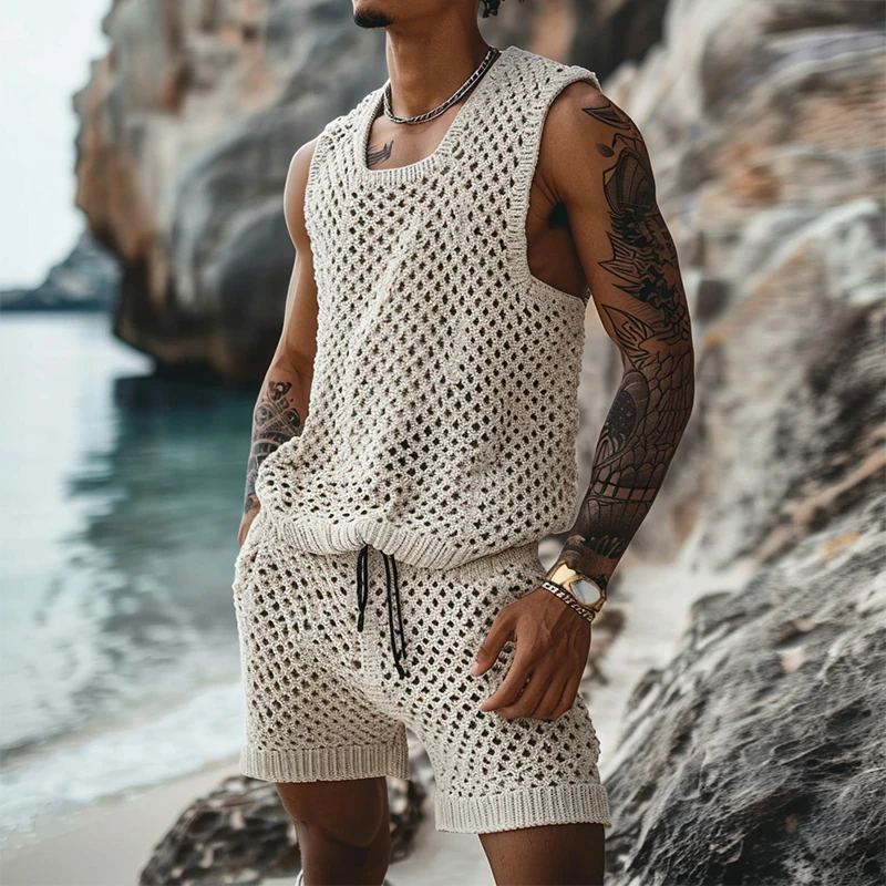 Vintage Hollow Out Knitted Outfits Men Summer Sleeveless O Neck Knit Tank Top And Shorts Mens Two Piece Sets Fashion Men\'s Suits