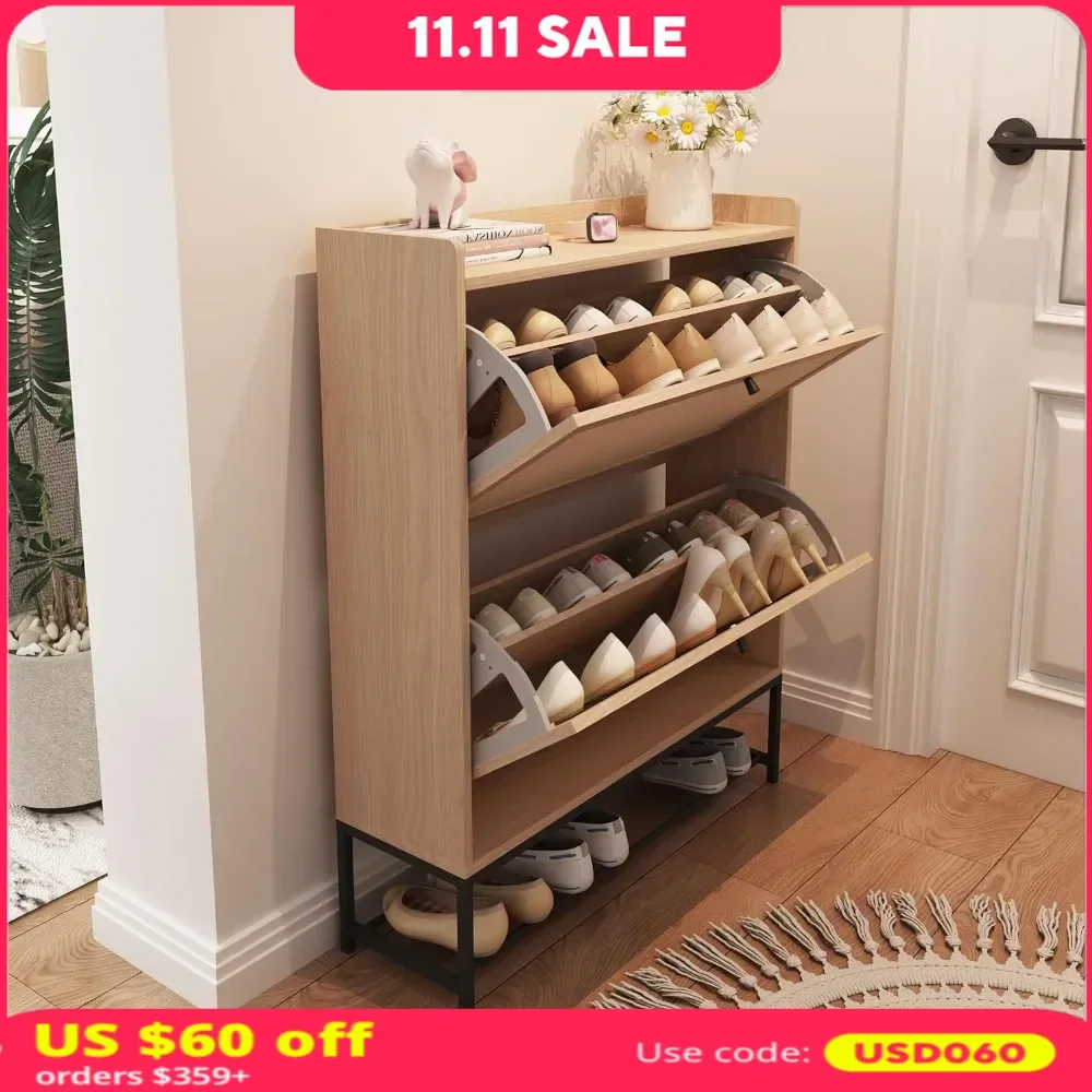 Shoe Rack, Freestanding Shoe Cabinet with 2 Flip Drawers - Modern Narrow Organizer for Hallway, Shoe Rack