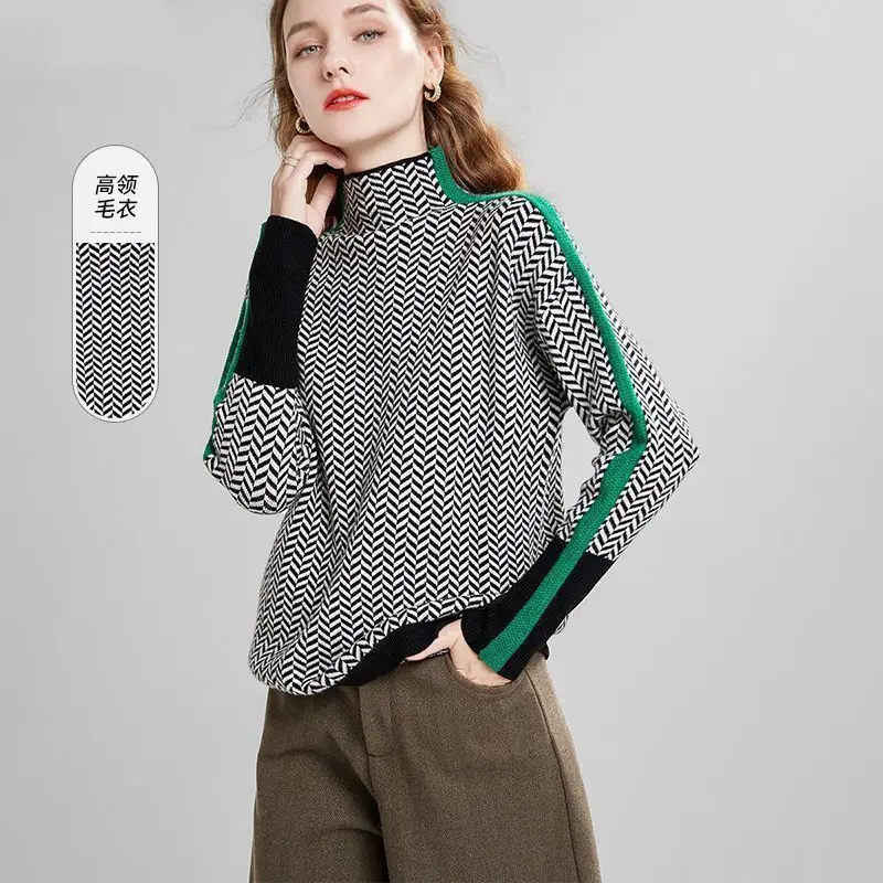 

Autumn and winter turtleneck pullover sweater women 2023 thin bottoming sweater fashion western loose contrast color sweater