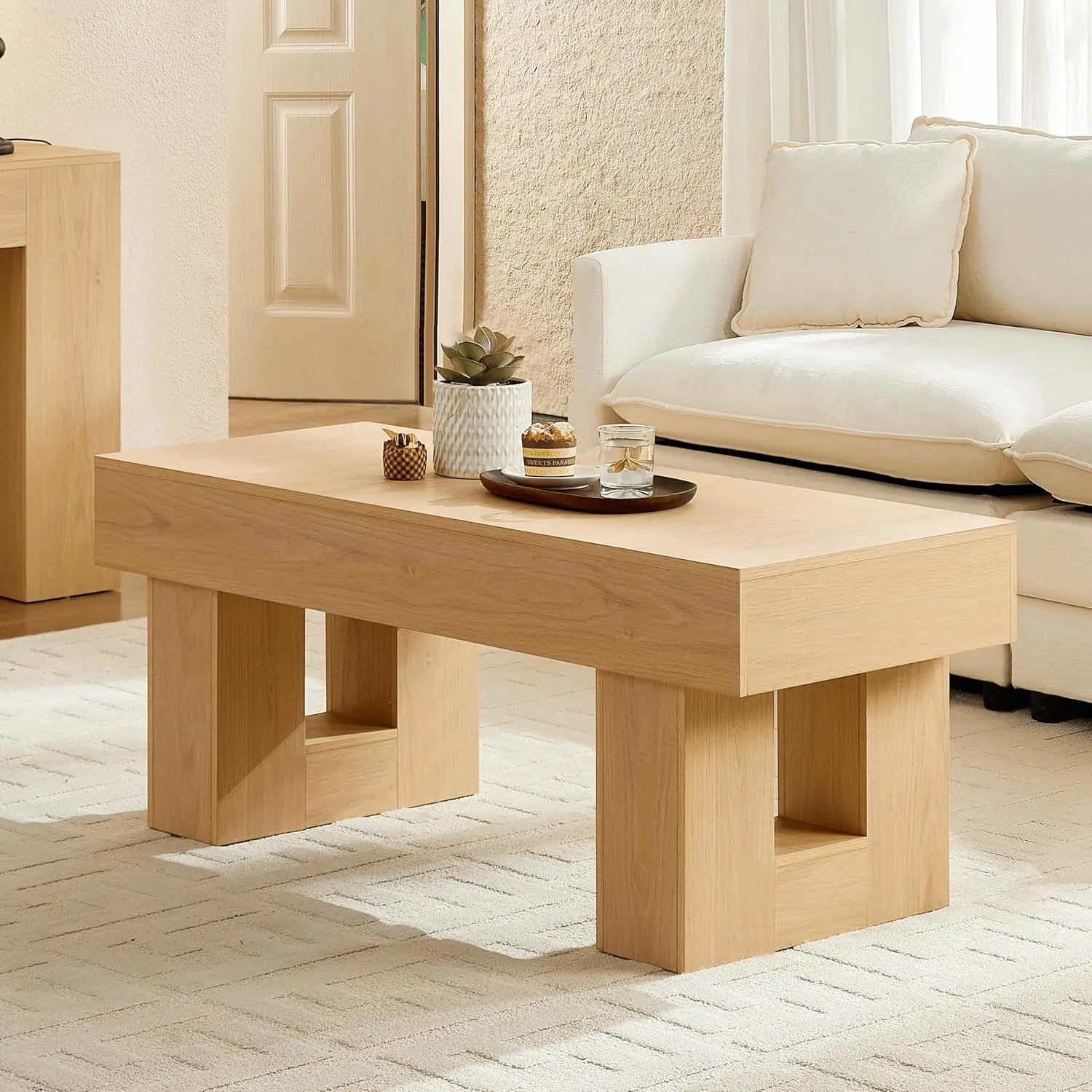 

Modern Coffee Table for Living Room, Wood Living Room Table with Sturdy Wooden Legs, Easy Assembly, 47" W x 19" D, Natural Oak