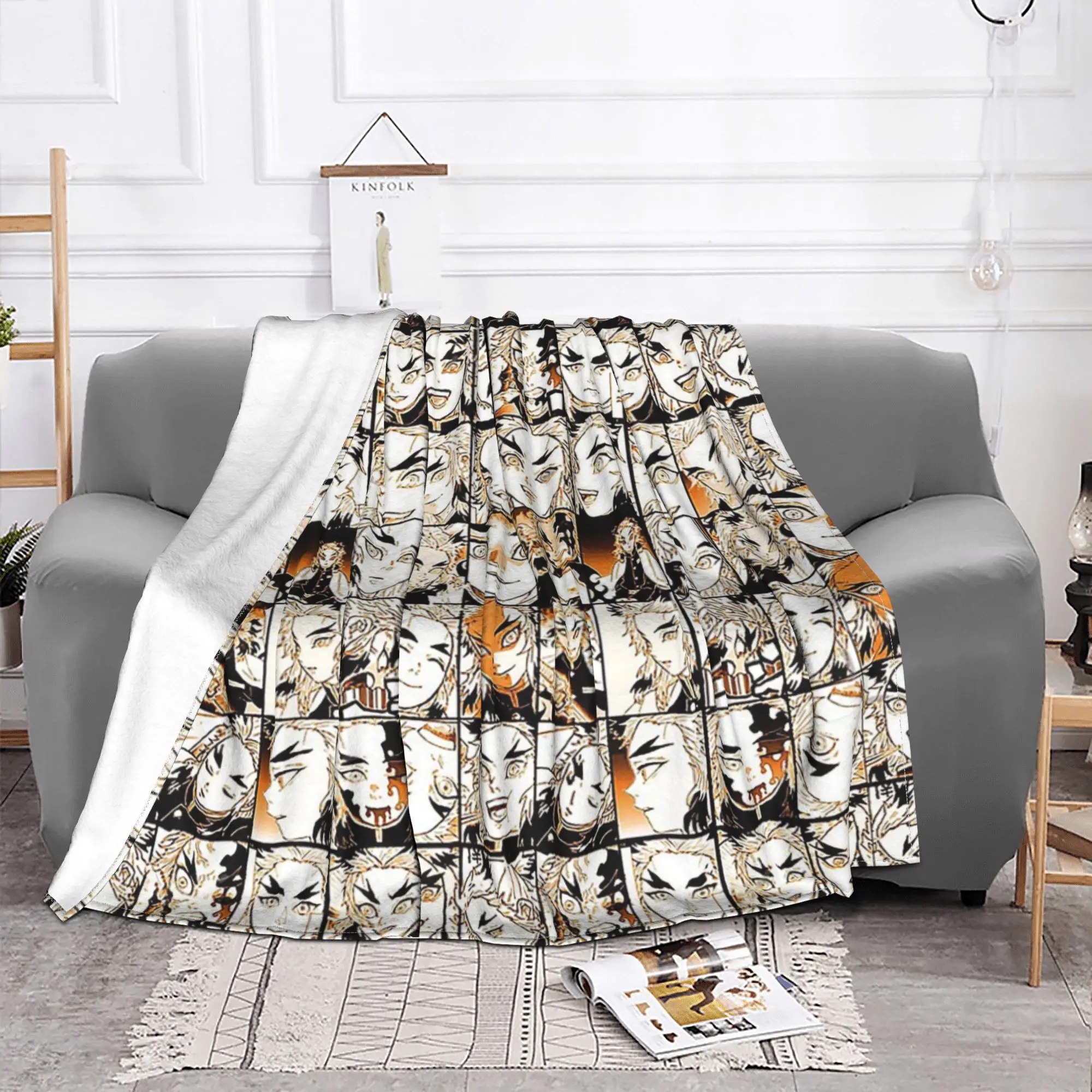 Rengoku Aniki Collage Blanket Cover Demon Slayer Flannel Throw Blanket Home Couch Personalised Soft Warm Bedspreads