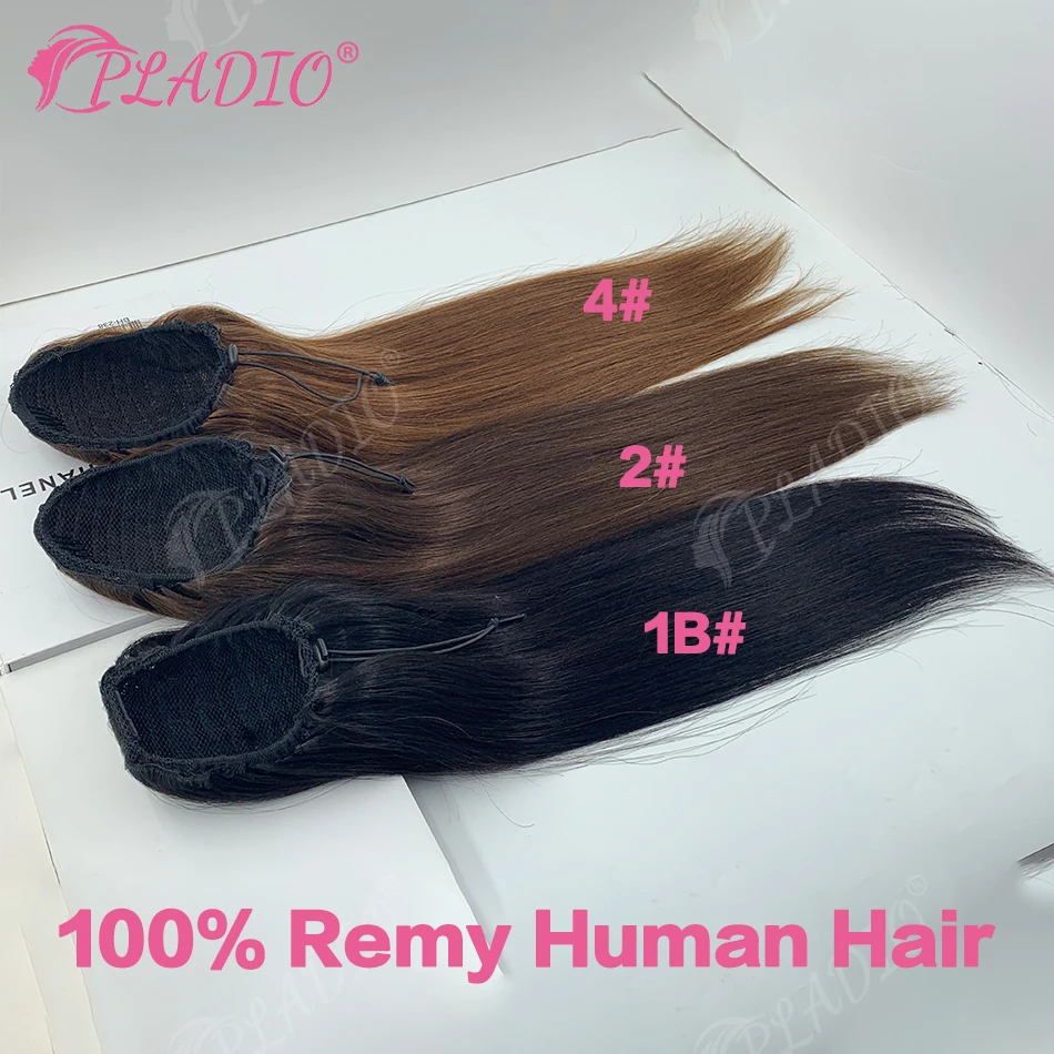 100% Remy Brazilian Straight Human Hair Ponytail Drawstring Natural Color Clip In Wrap Hairpiece 14-28 Inch Customizable