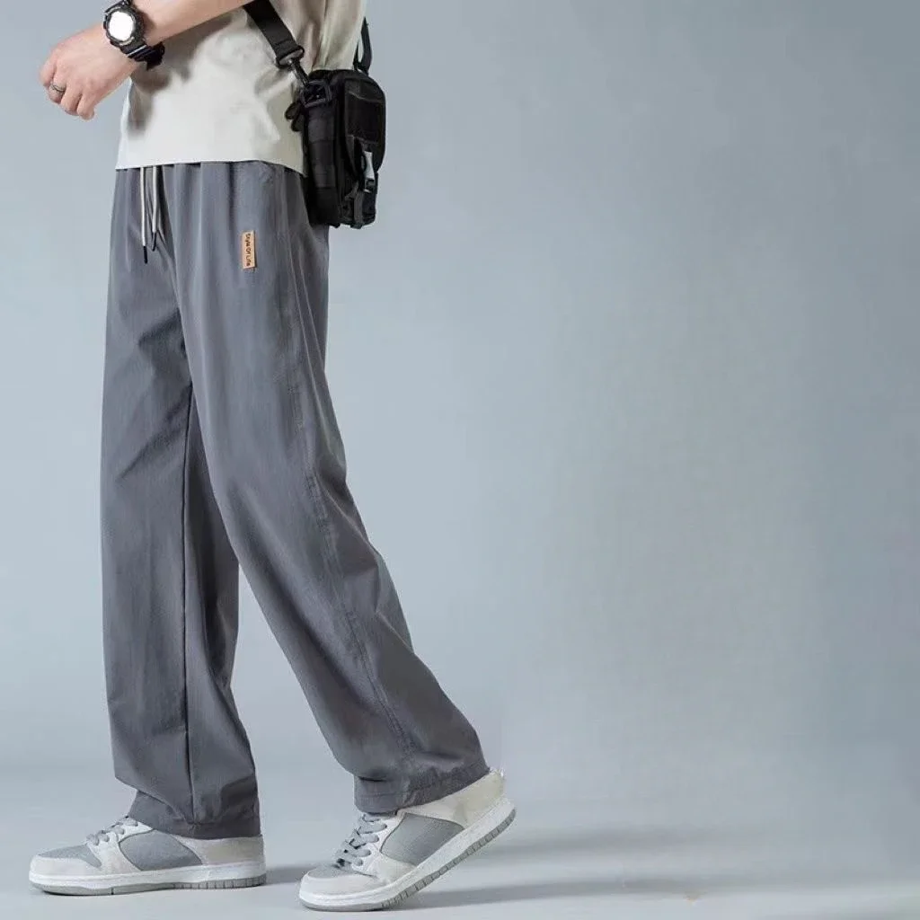 Casual Pants Man Thin Black Cool Trousers for Men Baggy Summer Cooling Loose Pocket Wide Ice Silk Straight Harajuku Fashion Long