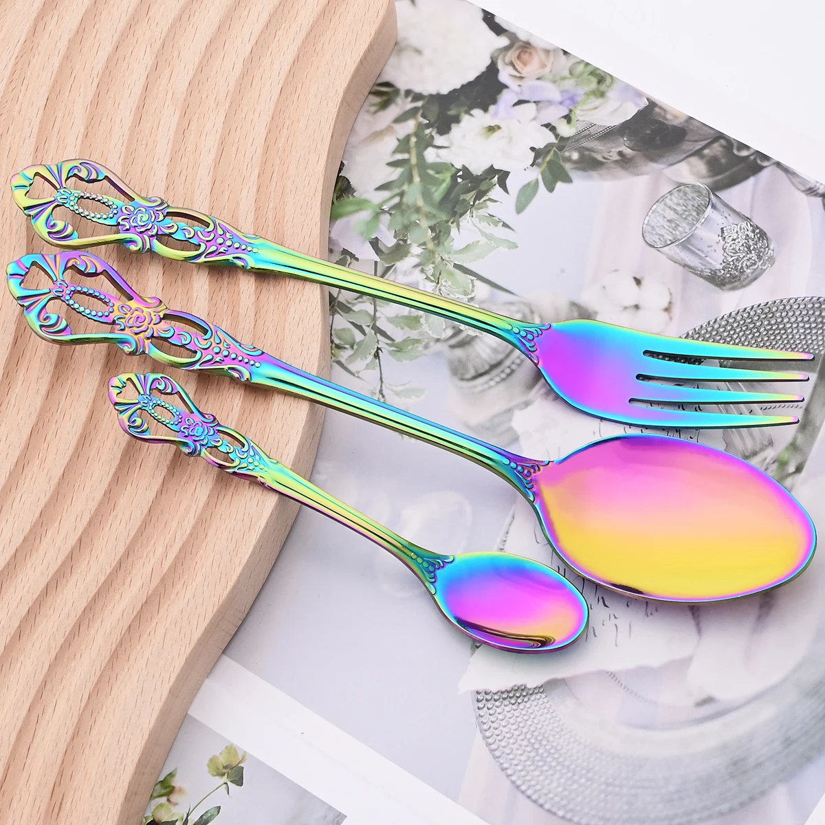 Mirror 24Pcs Vintage Dinnerware Set Stainless Steel Cutlery Set Knives Fork Teaspoon Tableware Kitchen Flatware Silverware Set