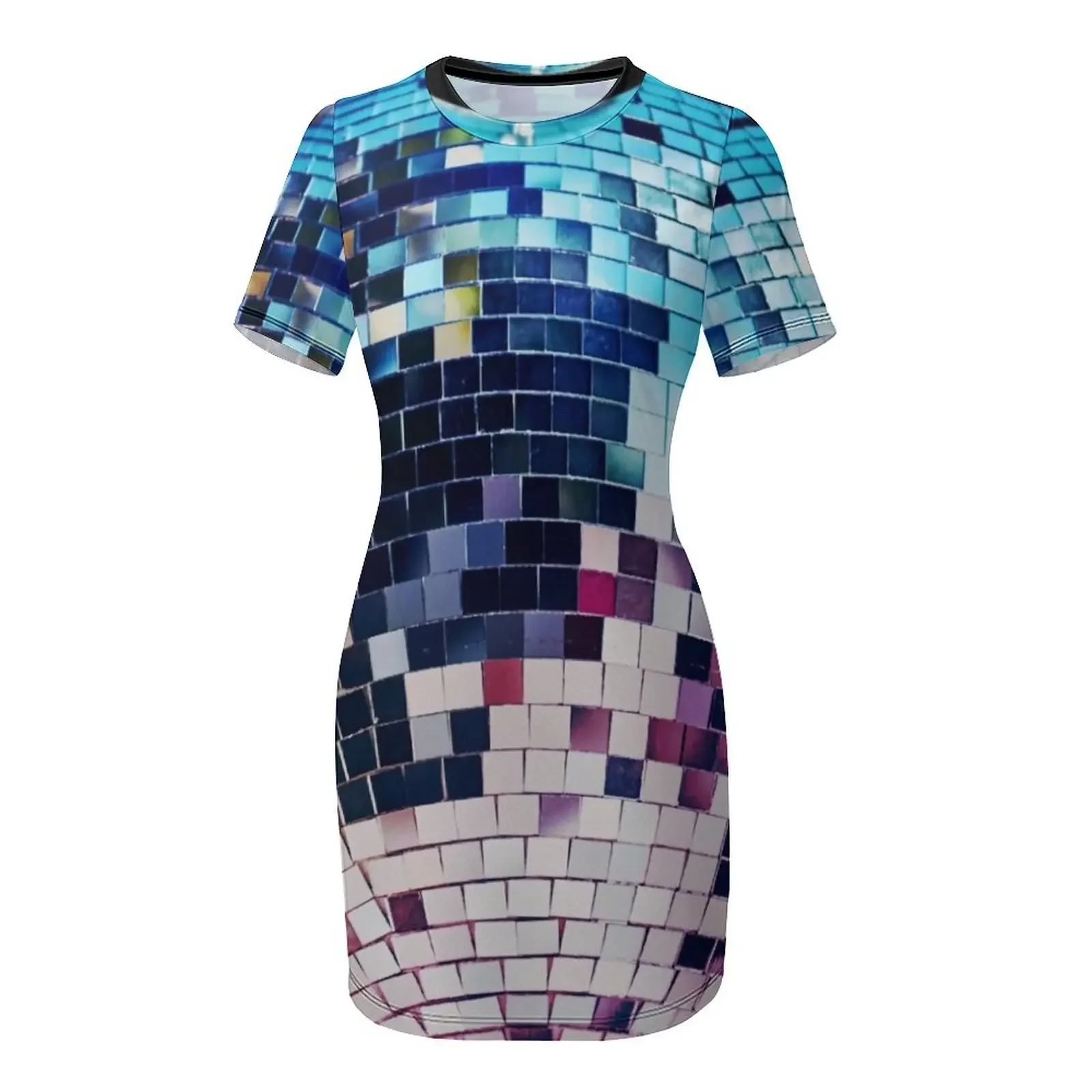 Sukienka z efektem kuli dyskotekowej - Lustrzana, kolorowa, z krótkim rękawem, elegancka sukienka dla gościa weselnego, sukienka na studniówkę, damska