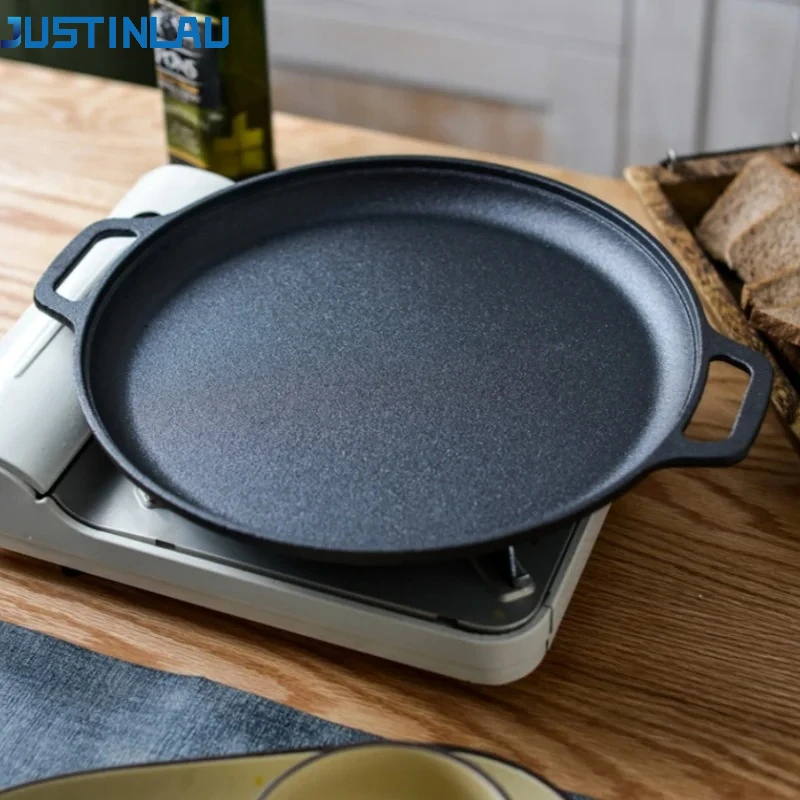 Sartén de hierro fundido JUSTINLAU en stock con doble asa, antiadherente, para asar, hacer panqueques, pizzas, para cocina, camping y barbacoa