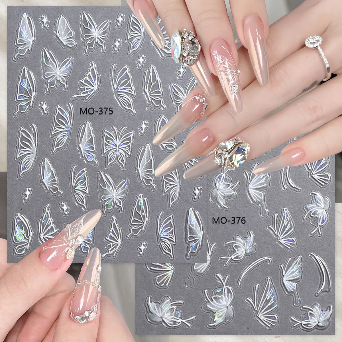 2/4 Blatt silberne 5D-Schmetterlings-Nagelaufkleber, holografische geprägte Schmetterlingsflügel-Nagelkunst-Abziehbilder für DIY-Maniküre-Dekorationen