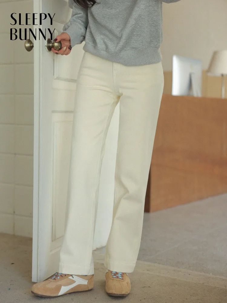 

High Waist White Jeans Winter Fleece Lined Straight Pants Elastic Casual Denim Trousers for Women Slim Narrow Fit Long Outfit