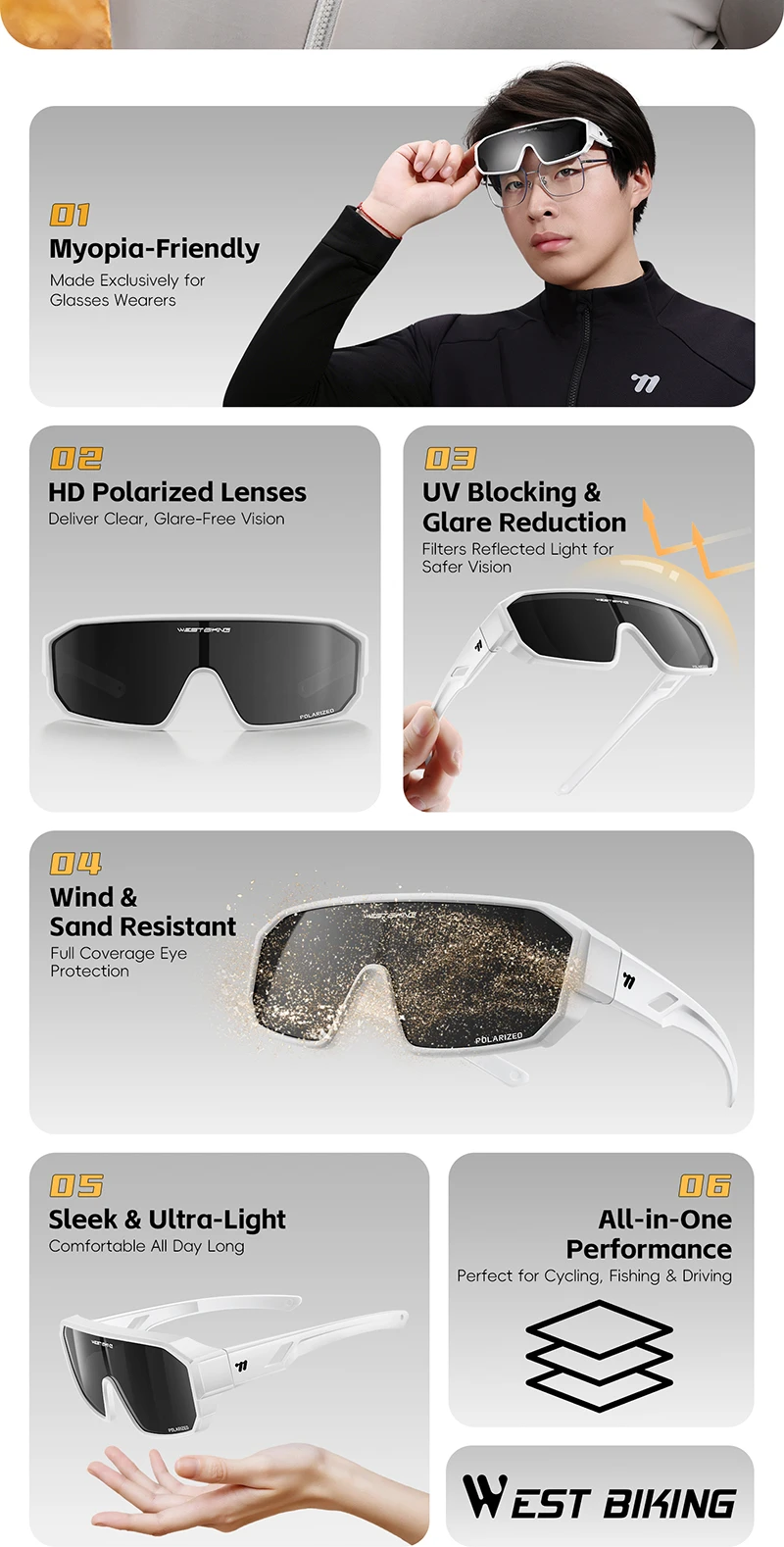 WEST BIKING Herren Großrahmige HD-Radsportbrille Kratzfeste Leichte 2-in-1 PC-Linse Lauf- und Fahrradzubehör – Detail 2